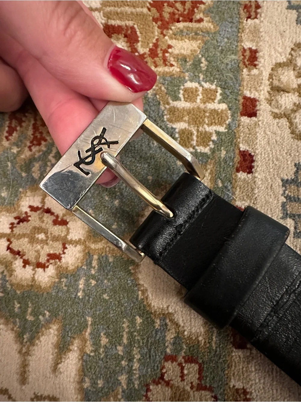 Vintage Yves Saint Laurent Black Leather Belt with Gold YSL Logo Buckle